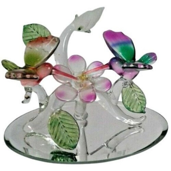 Hand Blown Glass Hummingbirds Flower Mirror Base Pink Purple Birds Figurine - Picture 1 of 10